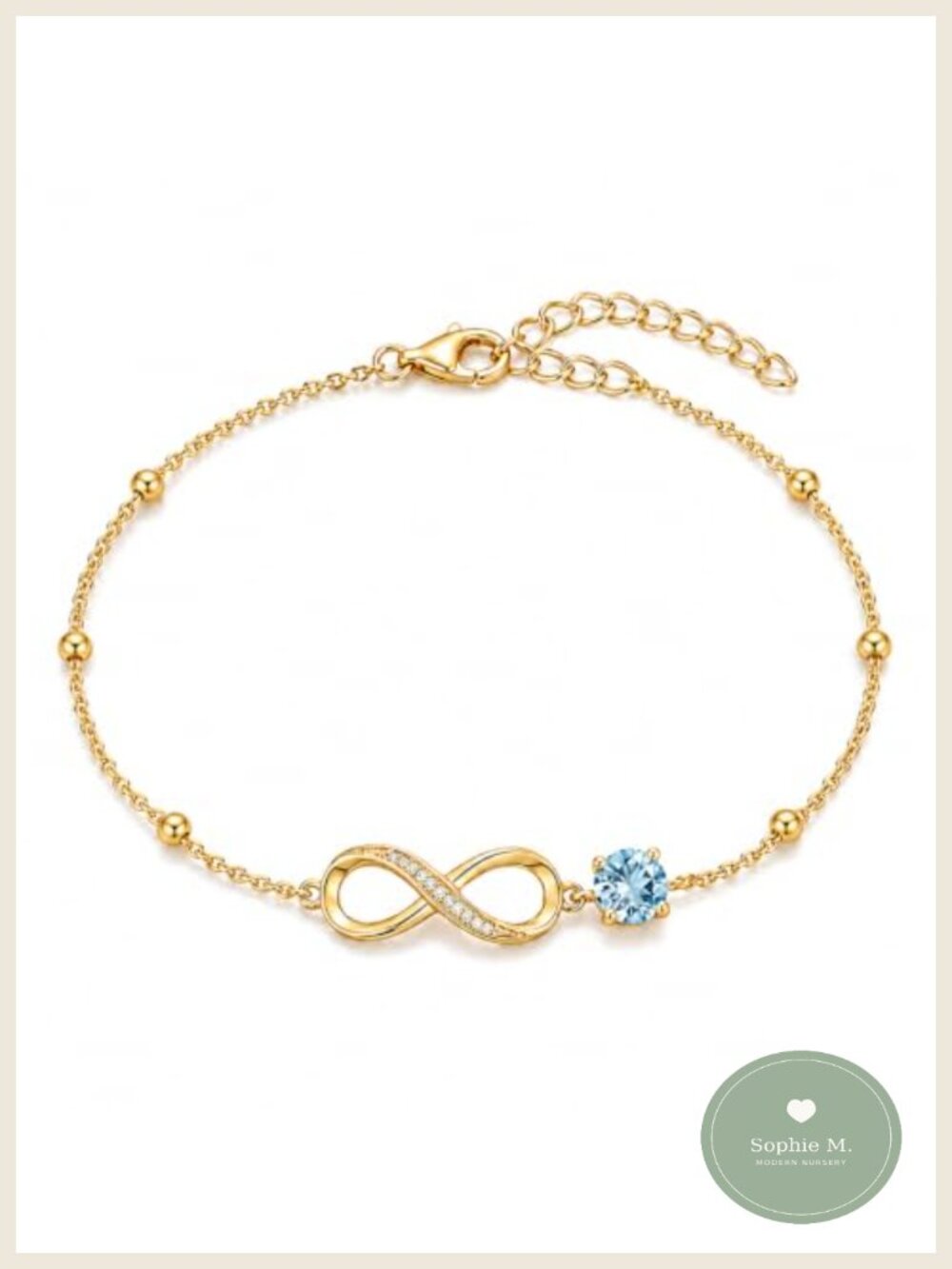 18K Yellow Gold Infinity Birthstone Bracelet Adjustable Beaded Chain
